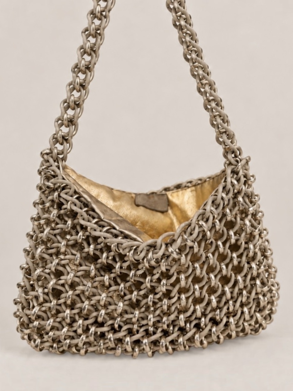 Vintage Lewis Chainmail Evening Bag Ring Mesh Gold Leather Interior 60s 70s